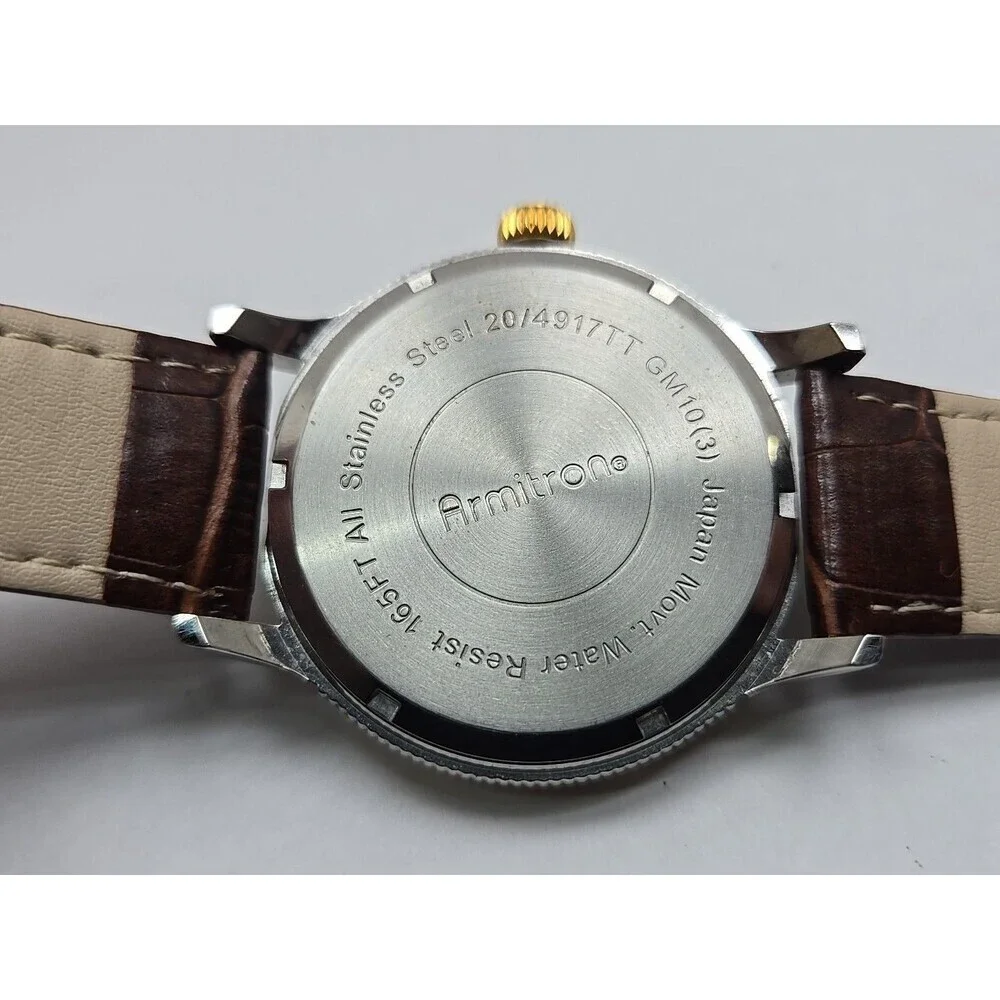 Armitron Mens Dress Watch Date Two Tone Coin Bezel Brown Leather New Battery